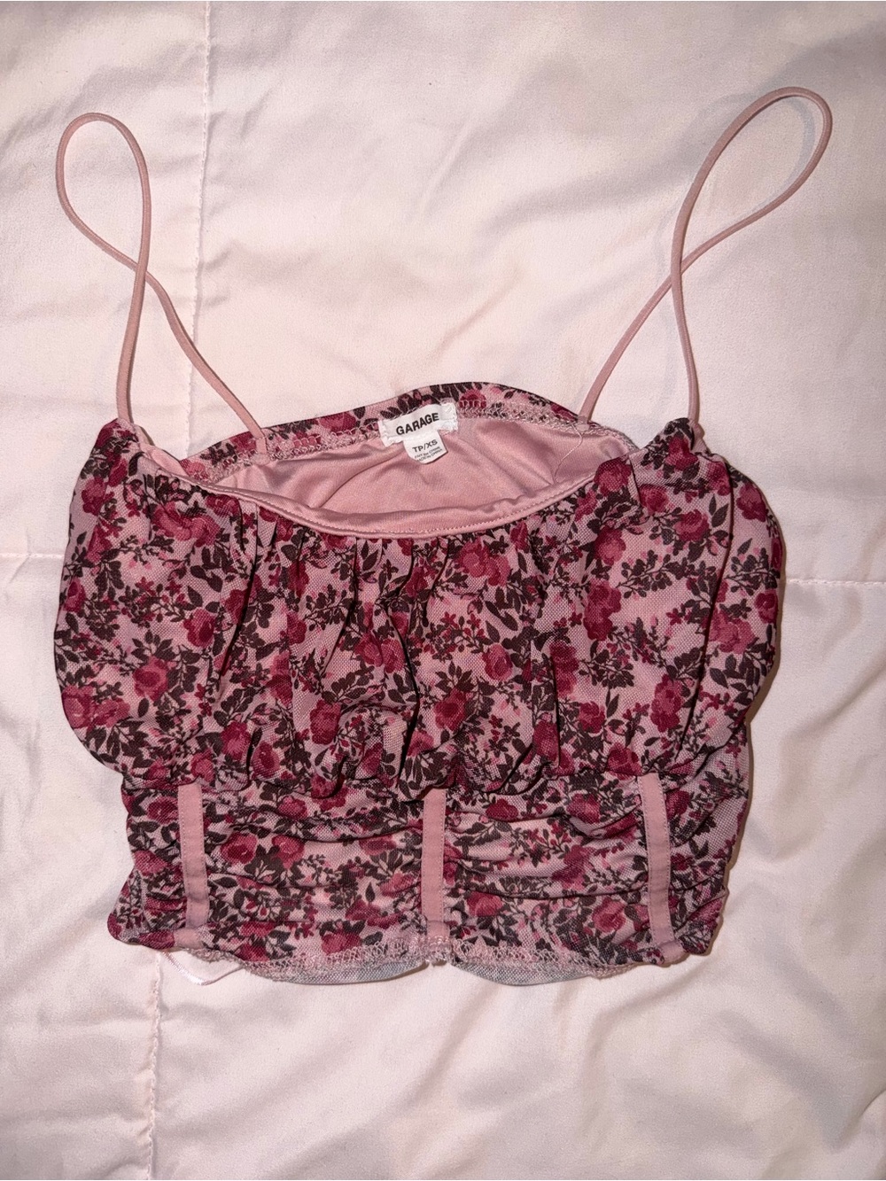 Garage Pink Floral Ruched Spaghetti-Strap Cami